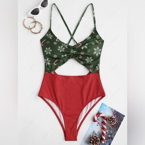 Christmas Festive Holiday ZAFUL Green and Red One Piece Swimsuit Size Small